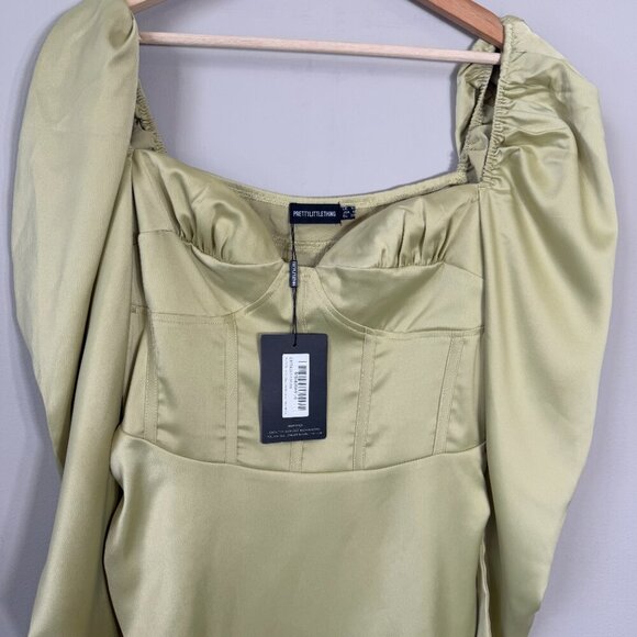 NWT PrettyLittleThing Puff Sleeve Corset Bodycon Mini Dress Womens 6 Olive Green - Picture 6 of 15